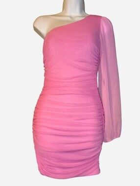 Hello Molly Pink One-Shoulder Ruched Mini Dress with Sheer Sleeve